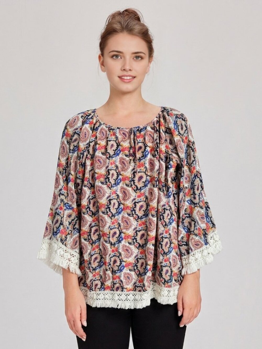 Lady Noiz Paisley Floral Print Crochet Lace Fringe Trim Flare Sleeves Top